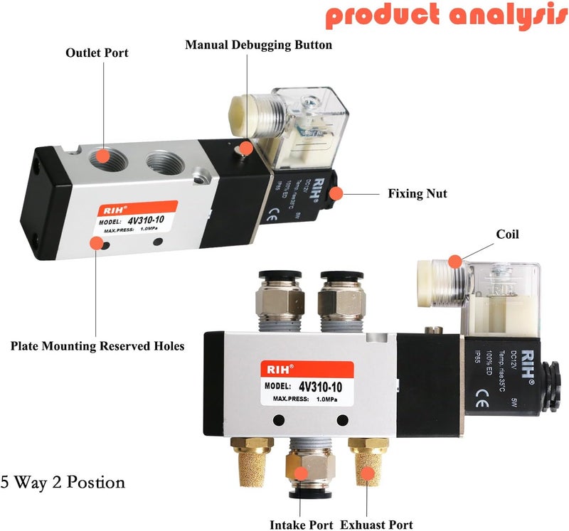 RH Pneumatics Solenoid Valve 4V310-10 12V/24V/110V Series Single Coil Pilot-Operated Electric 2 Position 5 Way Connection Type (DC12V/Junction Box, 3/8"NPT) - Image 3